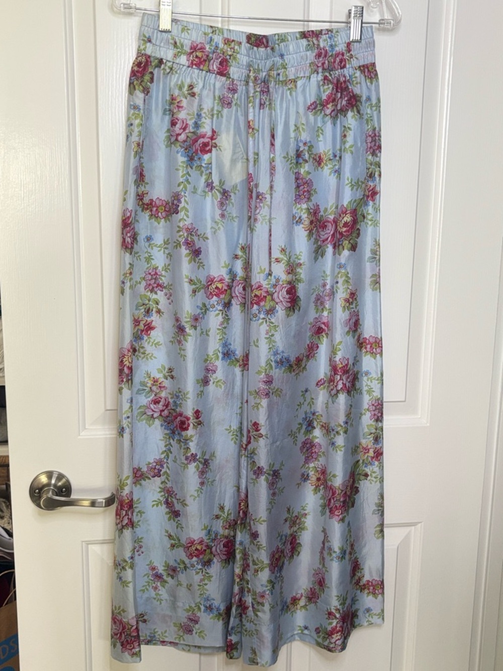 NWT PERO Light Blue Floral Wide Leg Silk Pants French 36 US 4